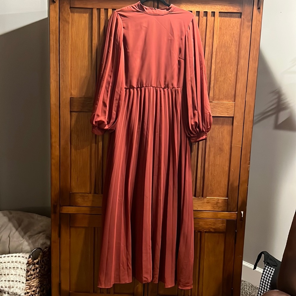 ASOS Pleated Maxi Dress in Rust with bishop sleeves